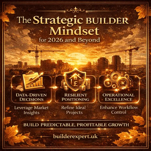 Strategic builder mindset for 2026 and beyond infographic with gold icons, autumn brown background and BuilderExpert UK branding focused on data-driven growth and operational excellence