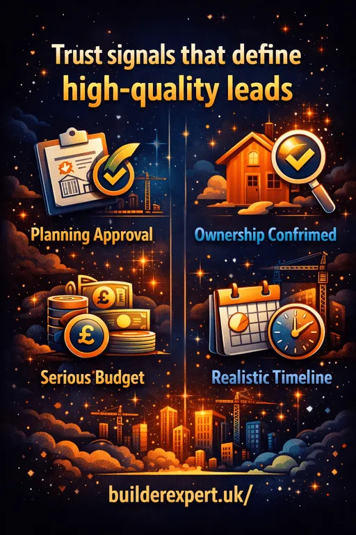 Vertical infographic showing trust signals that define high-quality leads for UK residential builders, including planning approval, ownership confirmation, serious budget, and realistic project timelines