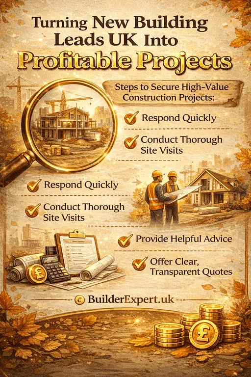 Turning New Building Leads UK into profitable construction projects infographic showing how builders respond quickly, conduct site visits and provide transparent quotes