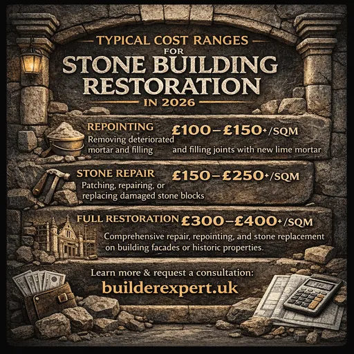Infographic illustrating typical cost ranges for stone building restoration in the UK in 2026, including repointing, stone repair, and full restoration price estimates per square metre.