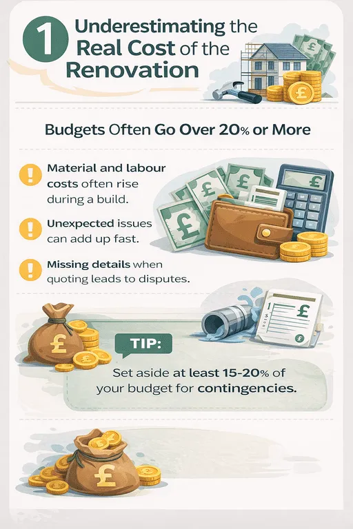 Vertical infographic explaining how underestimating renovation costs leads to budget overruns in UK home renovation projects