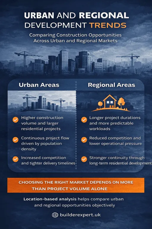 Infographic comparing urban and regional development trends, highlighting differences in construction volume, competition, project duration, and long-term demand.