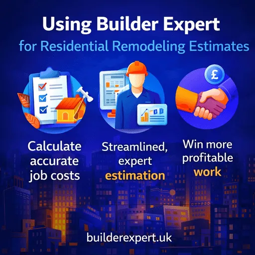 Square infographic showing how Builder Expert supports residential remodeling estimates, with bold graphics, cost icons, and a city building background.
