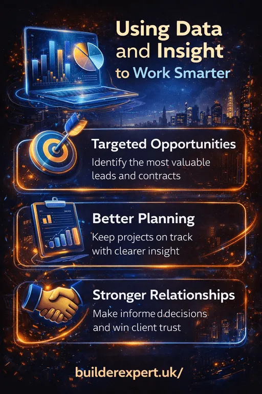 Vertical infographic showing how UK builders use data and insight to work smarter, with targeted opportunities, better planning, and stronger client relationships highlighted in a dark, high-impact design.