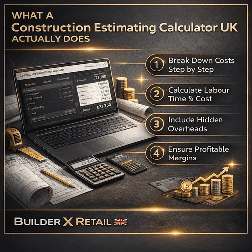 Construction estimating calculator UK infographic explaining how builders break down costs, calculate labour, and ensure accurate project pricing