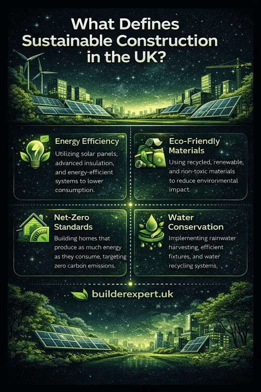 Infographic explaining what defines sustainable construction in the UK, including energy efficiency, low-carbon materials, regulatory compliance, and long-term residential building performance.
