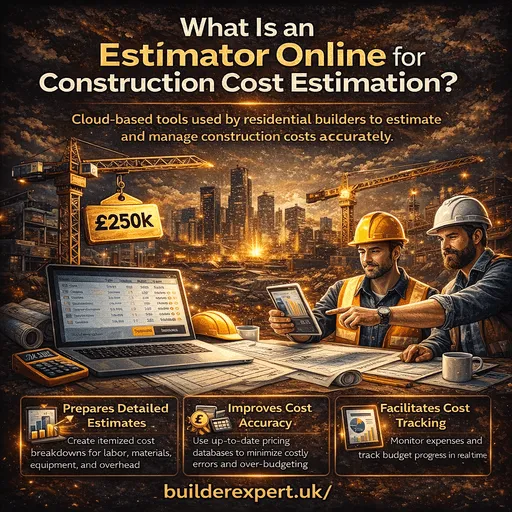 Infographic explaining what an Estimator Online for Construction Cost Estimation is and how residential builders use it to estimate and manage construction costs accurately