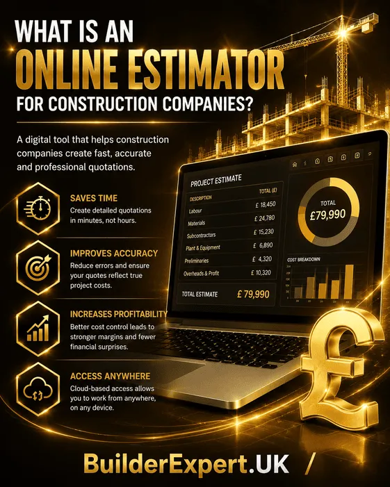 Portrait 4:5 infographic titled "What Is an Online Estimator for Construction Companies?" featuring a digital project estimate dashboard, construction crane, building structure, and British pound (£) symbol. The design uses dark ochre and black tones with metallic gold highlights, glossy lighting effects, and highlights time savings, improved accuracy, increased profitability, and cloud-based access. BuilderExpert.UK branding appears at the bottom.