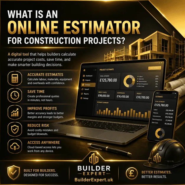 What Is an Online Estimator for Construction Projects infographic showing Builder Expert estimating software, cost planning tools, and key benefits for modern builders.