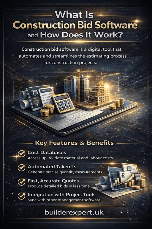 Infographic explaining what construction bid software is and how it works, including features like automated takeoffs, cost databases, and fast accurate quotes in a professional blue and gold design