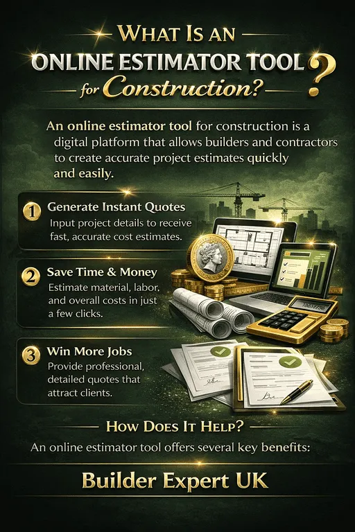 Online estimator tool for construction UK infographic explaining how builders generate accurate project quotes quickly