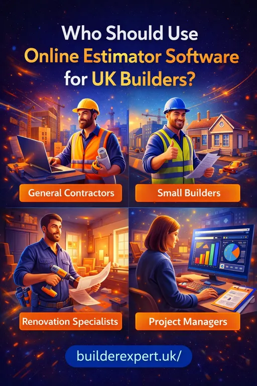 Infographic showing who should use online estimator software for UK builders, including contractors, small builders, renovation specialists, and project managers.