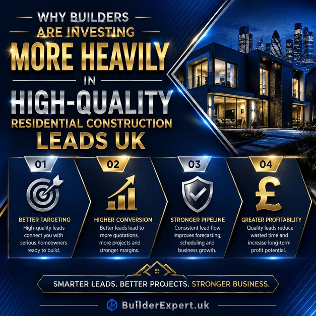 Premium blue construction infographic explaining why builders are investing more heavily in high-quality residential construction leads UK systems to improve homeowner targeting, quotation conversion, operational visibility, and long-term profitability.