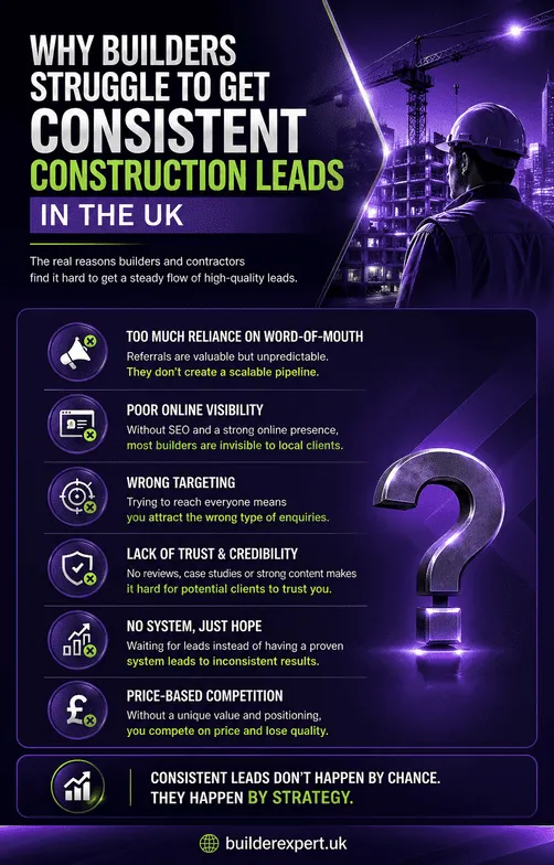 Professional vertical infographic explaining why builders struggle to get consistent construction leads in the UK, highlighting common issues such as poor visibility, lack of trust, weak targeting, and over-reliance on referrals.