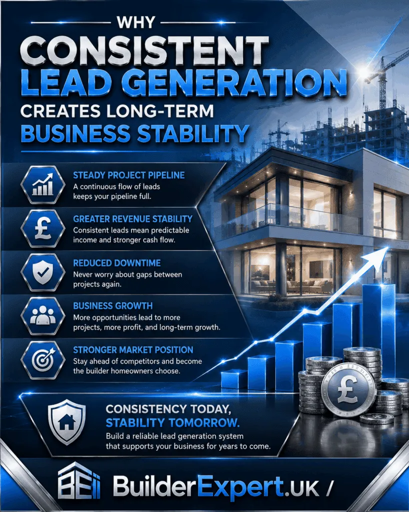 Why Consistent Lead Generation Creates Long-Term Business Stability infographic featuring residential construction growth, project pipeline management, revenue stability, business expansion, and British pound (£) profitability indicators. The visual demonstrates how a steady flow of qualified leads supports sustainable growth for UK builders.