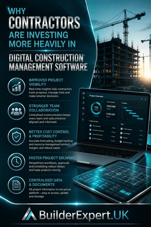 Premium vertical infographic explaining why contractors are investing more heavily in digital construction management software to improve project visibility, team collaboration, cost control, project delivery speed, and operational efficiency.