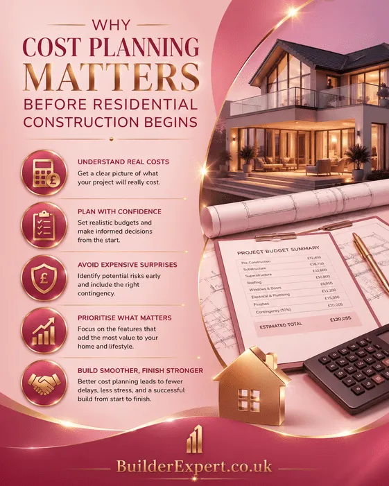Vertical infographic in pink and gold tones explaining why cost planning matters before residential construction begins, featuring UK budgeting visuals, house imagery, and BuilderExpert.co.uk branding.