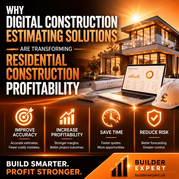 Infographic showing how digital construction estimating solutions improve residential builder pricing accuracy and profitability