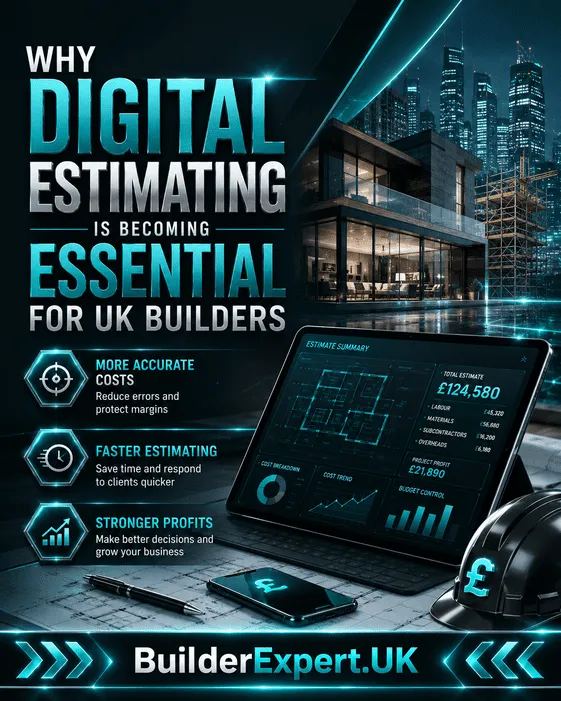 ALT TEXT Portrait infographic titled "Why Digital Estimating Is Becoming Essential for UK Builders". The design features a premium turquoise and dark grey colour scheme with glossy metallic effects, futuristic lighting, and advanced construction technology visuals. A modern residential building, digital estimating dashboard, construction plans, and a builder’s hard hat with a British pound (£) symbol highlight the importance of digital cost planning. Key benefits include More Accurate Costs, Faster Estimating, and Stronger Profits. BuilderExpert.UK is displayed prominently at the bottom.