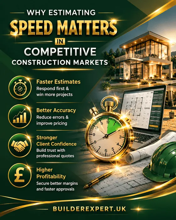 Professional green and gold infographic showing why estimating speed matters in competitive construction markets, including faster quotations, improved pricing accuracy, stronger client confidence, and higher profitability for UK residential builders.