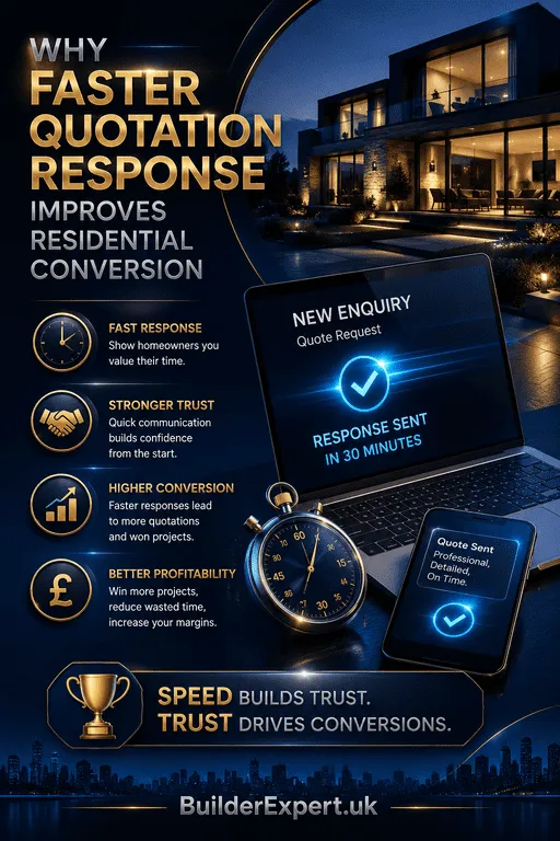 Premium blue construction infographic explaining why faster quotation response improves residential conversion through stronger homeowner trust, faster communication, higher conversion rates, and improved construction profitability.