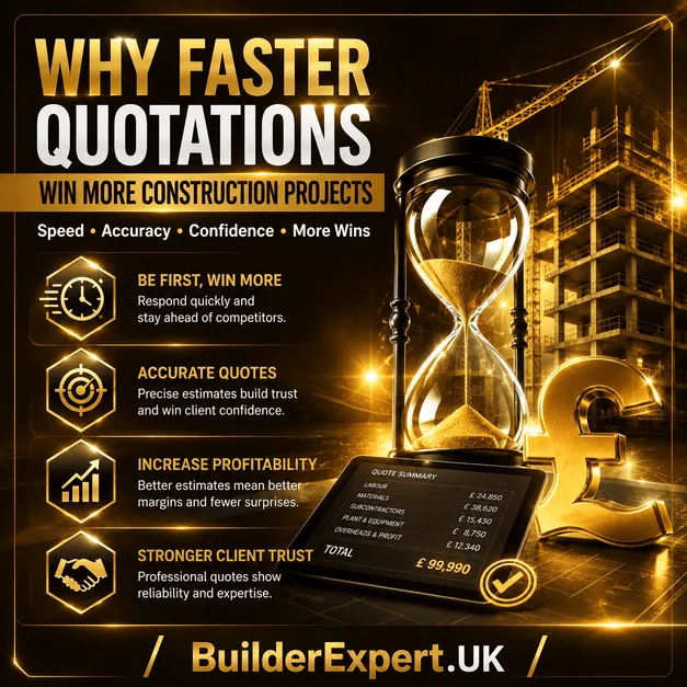 Square infographic titled "Why Faster Quotations Win More Construction Projects" featuring a premium digital quotation dashboard, hourglass, construction crane, building framework, and a British pound (£) symbol. The design uses dark ochre and black tones with metallic gold highlights and glossy visual effects, emphasising faster quotations, accurate estimates, increased profitability, and stronger client trust. BuilderExpert.UK branding appears at the bottom.