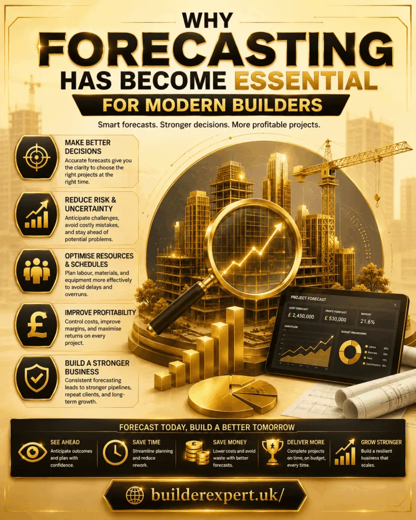 Construction infographic titled "Why Forecasting Has Become Essential for Modern Builders" featuring a forecasting dashboard, luxury construction development, gold financial growth chart, construction helmet, and premium ochre and gold design elements. The graphic highlights smarter decision-making, improved planning, stronger profitability, and better project performance.