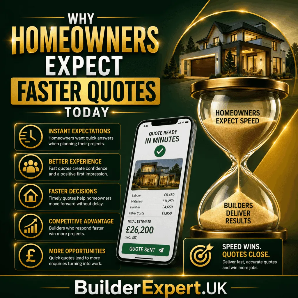 Alt Text Why Homeowners Expect Faster Quotes Today infographic featuring digital quotation systems, residential renovation projects, instant estimating technology, online construction pricing tools, and British pound (£) cost indicators. The visual highlights faster response times, improved customer expectations, quicker project decisions, and modern estimating solutions for builders.