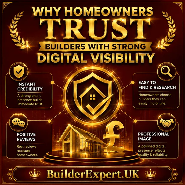Professional burgundy and gold construction infographic explaining why homeowners trust builders with strong digital visibility, highlighting online credibility, positive reviews, operational professionalism, easier research visibility, and stronger homeowner confidence.