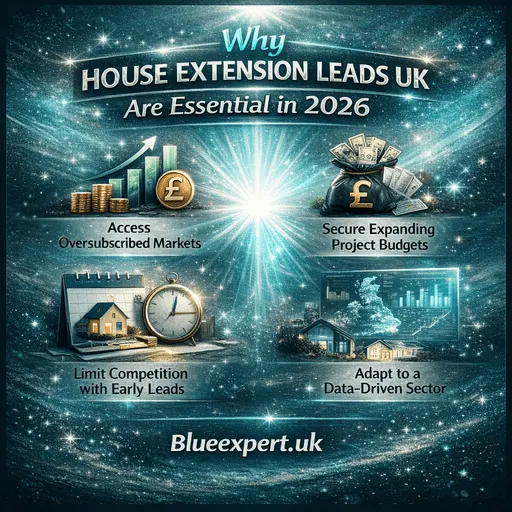 Infographic showing why house extension leads UK are essential in 2026 for builders to secure projects early and reduce competition
