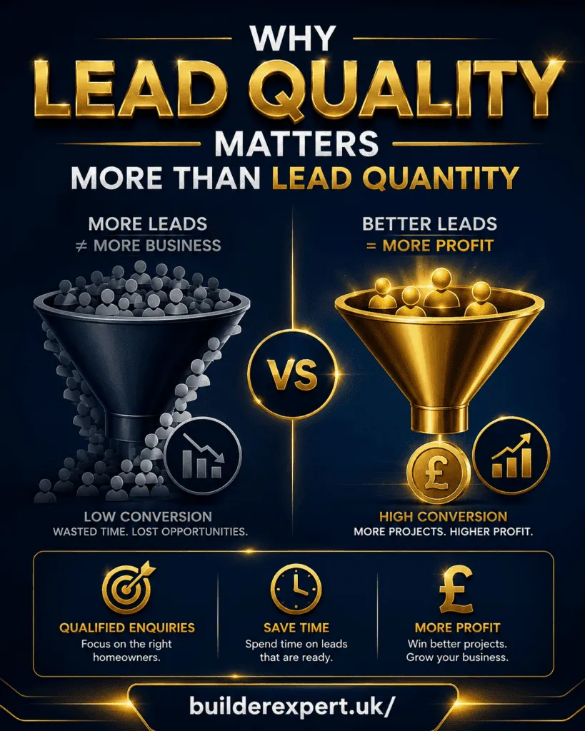 Portrait infographic titled "Why Lead Quality Matters More Than Lead Quantity" featuring a side-by-side comparison between low-quality and high-quality leads. The design uses a dark blue and gold colour scheme with glowing effects, conversion funnel graphics, UK pound symbols, and business growth icons. The infographic highlights qualified homeowner enquiries, higher conversion rates, time savings, increased profitability, and sustainable growth for UK builders. BuilderExpert.uk branding is displayed at the bottom.
