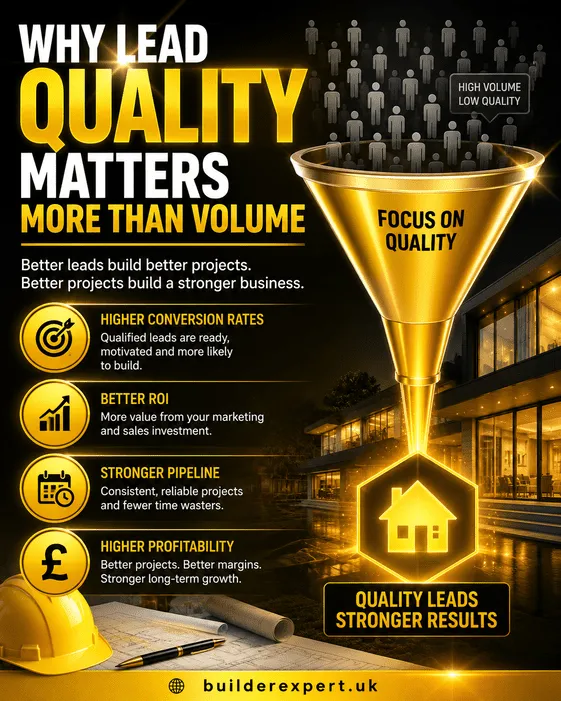 Professional yellow and gold construction infographic explaining why lead quality matters more than volume, highlighting stronger conversions, healthier project pipelines, better profitability, and improved residential construction growth.