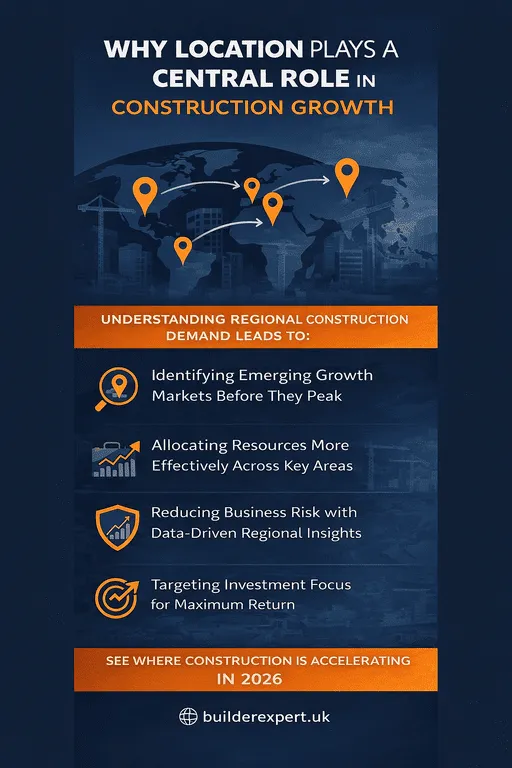 Infographic explaining why location plays a central role in construction growth, highlighting regional demand, resource allocation, and data-driven decision-making in 2026.