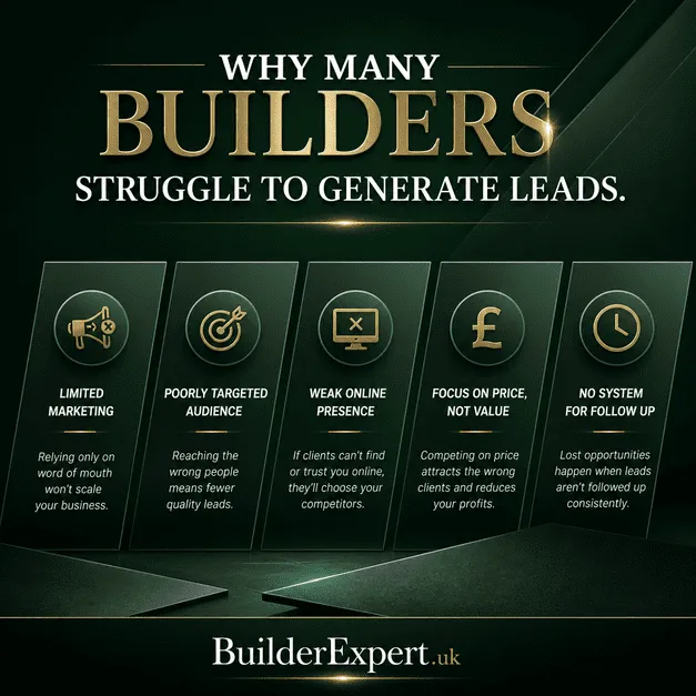 Professional square infographic explaining why many builders struggle to generate leads, featuring a dark green background, premium construction branding, and key lead generation challenges for UK builders.
