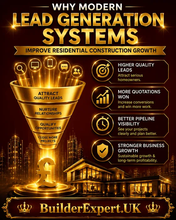 Professional burgundy and gold construction infographic explaining why modern lead generation systems improve residential construction growth through stronger lead quality, higher quotation conversion, healthier project pipelines, and improved builder profitability.