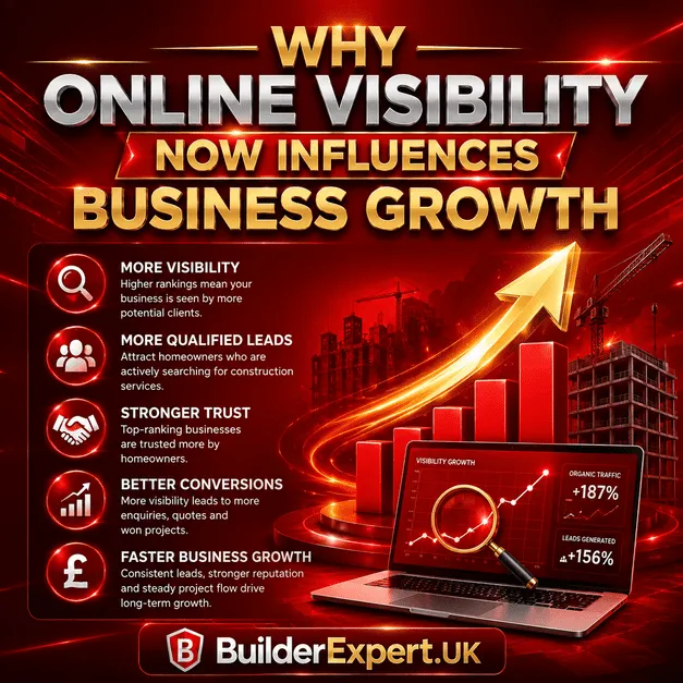 Professional red and gold construction infographic showing why online visibility now influences business growth through stronger rankings, qualified leads, increased trust, better conversions, and faster construction company growth.
