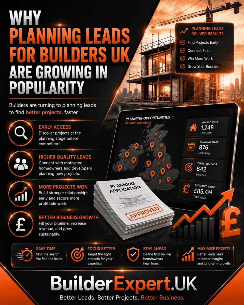 Alt Text Why Planning Leads for Builders UK Are Growing in Popularity infographic featuring planning application opportunities, residential construction projects, lead generation dashboards, homeowner engagement, and British pound (£) profitability indicators. The visual highlights early access to projects, increased opportunities, stronger client connections, and improved profitability for UK builders.