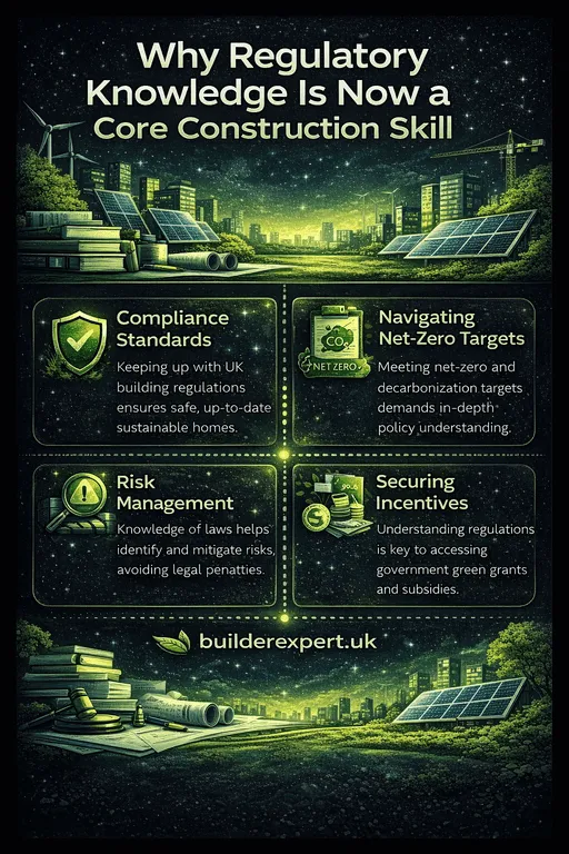 Infographic highlighting why regulatory knowledge is a core construction skill in the UK, covering building regulations, compliance, sustainability standards, and residential risk management.