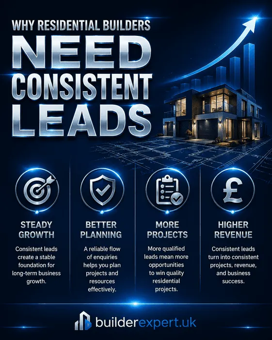Professional vertical infographic explaining why residential builders need consistent leads, featuring dark navy-blue visuals, metallic typography, and key benefits such as steady growth, stronger planning, increased projects, and higher revenue.