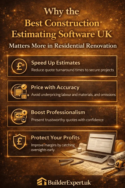 Infographic explaining why the best construction estimating software UK matters more in residential renovation, highlighting faster estimates, accurate pricing, improved professionalism, and stronger profit protection, with BuilderExpert.uk branding.