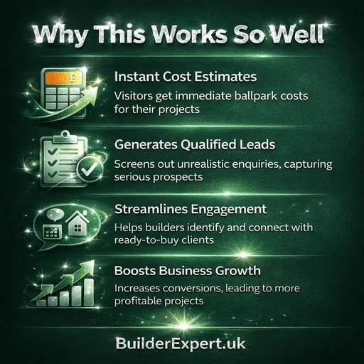 Online estimator for builders infographic explaining why online estimating tools generate better construction leads and improve builder website conversions