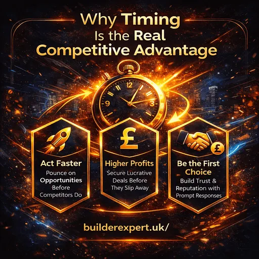 Square infographic showing a UK builder highlighting why timing is the real competitive advantage, with early access to projects, better planning, fewer competitors, and stronger profit outcomes.