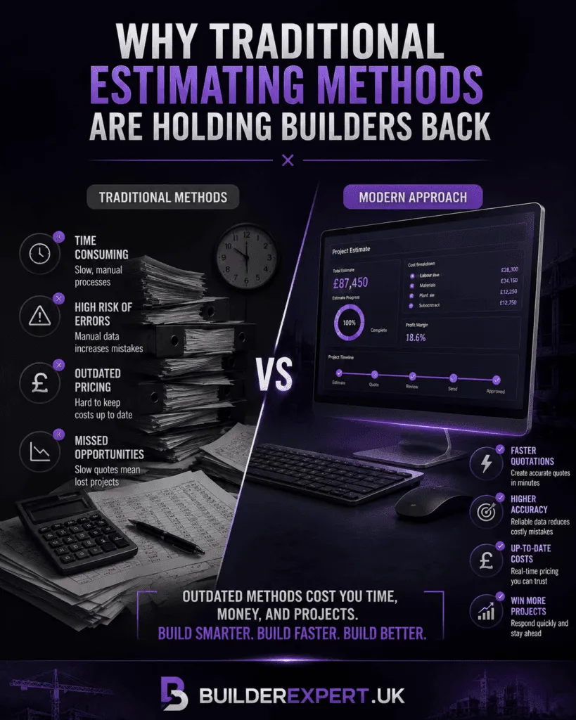 Vertical 4:5 infographic titled "Why Traditional Estimating Methods Are Holding Builders Back" featuring a dark purple and grey background with a side-by-side comparison of traditional estimating methods versus modern estimating software. The graphic includes paperwork, calculators, outdated processes, digital dashboards, British pound (£) pricing, and visual elements highlighting faster quotations, improved accuracy, real-time cost updates, and increased project success. BuilderExpert.UK branding appears at the bottom.