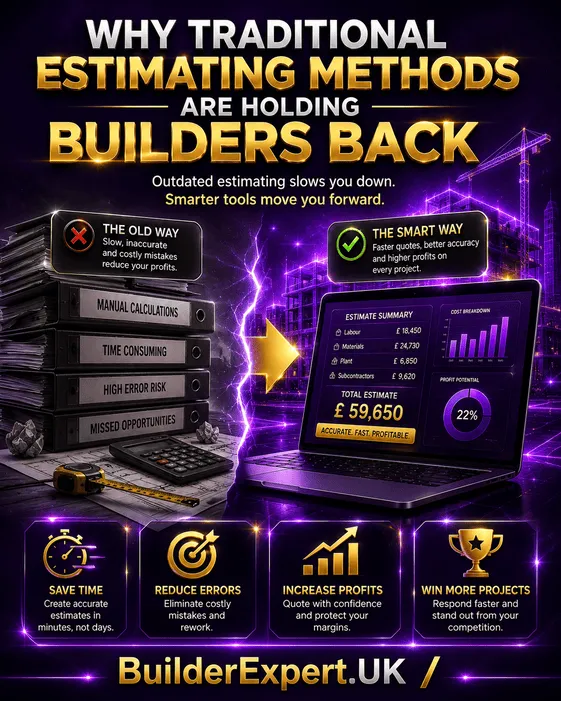 Vertical 4:5 infographic titled "Why Traditional Estimating Methods Are Holding Builders Back" featuring a premium dark purple background with glossy gold graphics, a comparison between traditional manual estimating and modern digital estimating, a construction site, a digital estimating dashboard, a British pound symbol, and icons highlighting time savings, improved accuracy, higher profits, and more project wins. BuilderExpert.UK branding appears at the bottom.