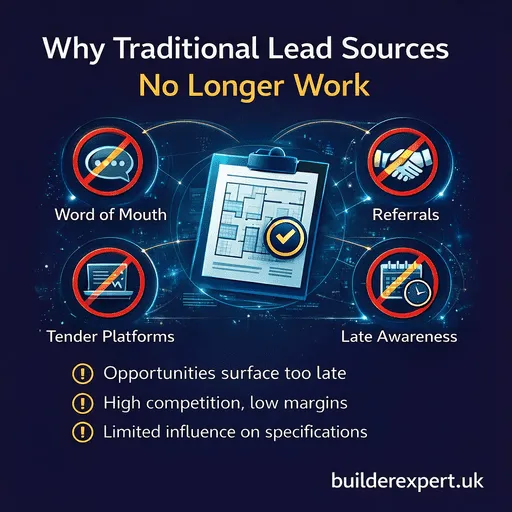 Infographic explaining why traditional construction lead sources no longer work, showing late tenders, referrals, and high competition in the UK construction market