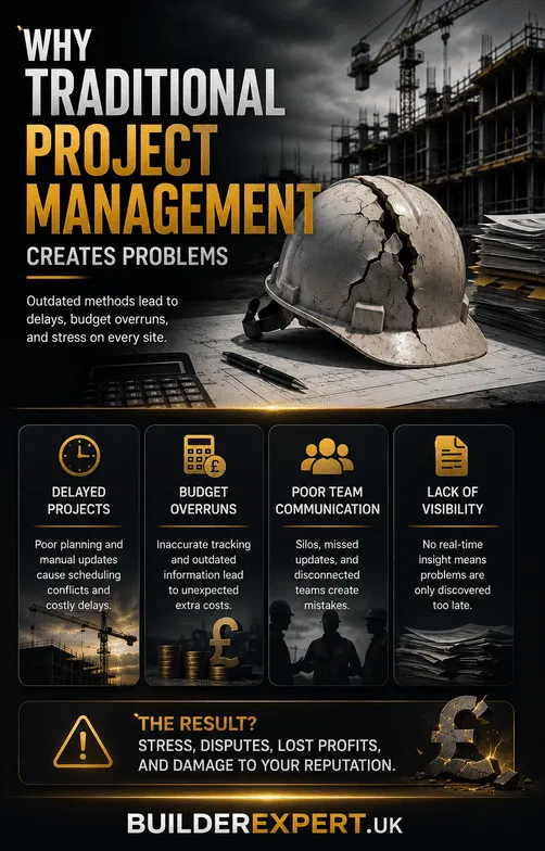 Infographic showing why traditional project management creates problems for UK residential builders, including delayed projects, budget overruns, poor team communication, lack of visibility, lost profits, and damage to business reputation.