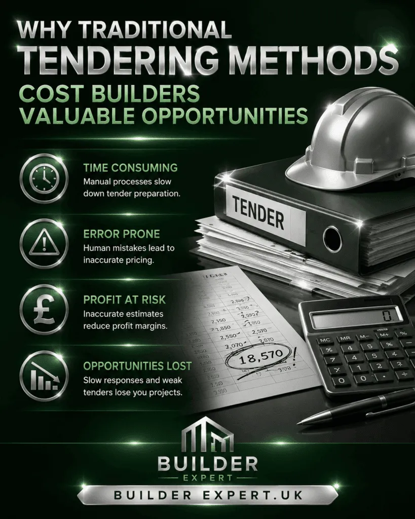 Professional construction industry infographic titled “Why Traditional Tendering Methods Cost Builders Valuable Opportunities.” The design features a dark green background with silver metallic highlights, a construction hard hat placed on top of a tender document binder, a calculator, and cost estimation paperwork. Four key risks of traditional tendering are highlighted: Time Consuming, Error Prone, Profit at Risk, and Opportunities Lost. The Builder Expert UK logo and website address appear at the bottom. The overall style is modern, premium, and business-focused, emphasizing the financial and operational disadvantages of manual tendering processes.