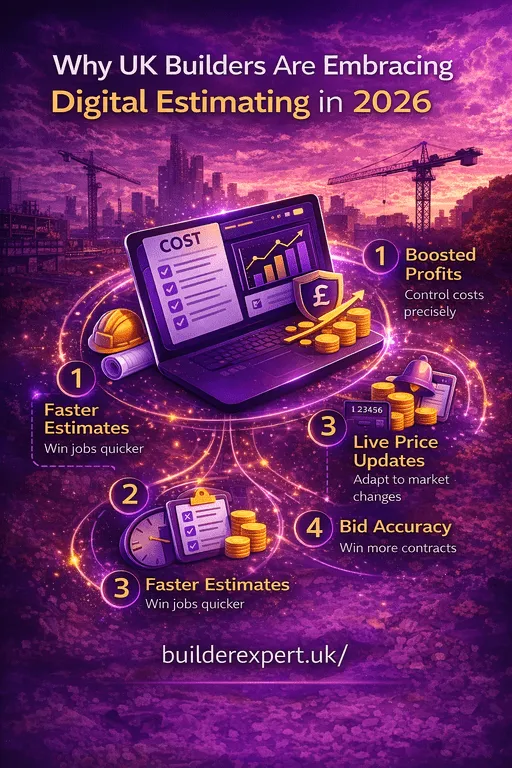 Infographic showing why UK builders are embracing digital estimating in 2026, highlighting faster estimates, live price updates, improved bid accuracy, and higher profitability