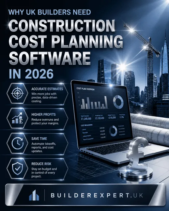 Infographic showing why UK builders need construction cost planning software in 2026 including cost control, profit growth, and real-time project tracking