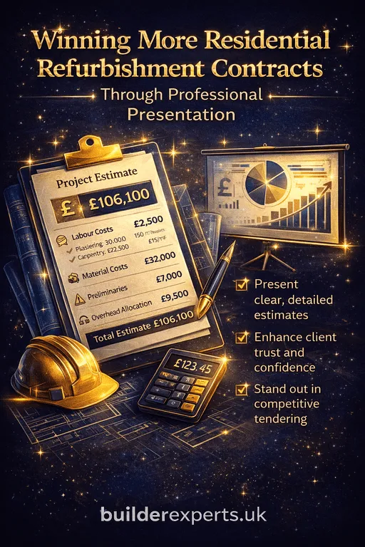 Winning more residential refurbishment contracts infographic with navy blue background and gold glossy typography, showing structured project estimates, presentation graphics and profit growth visuals for UK contractors.